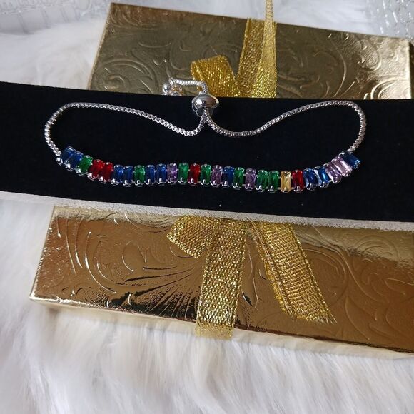 Rainbow Gemstones STERLING Silver Adjustable Bracelet - Picture 1 of 10